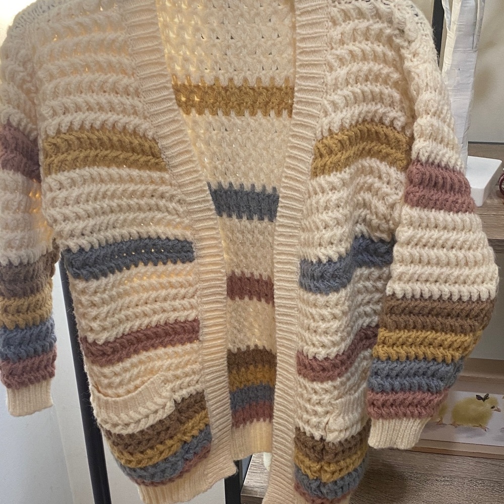 Cream Crochet Striped Open Cardigan Sweater for Kids